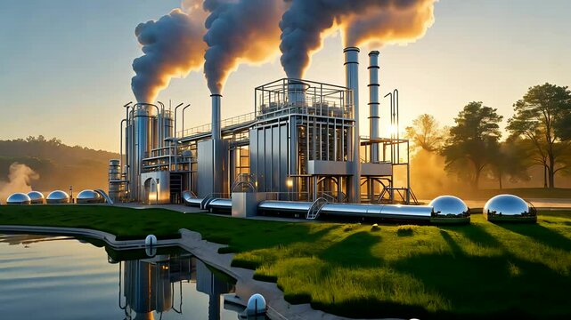 Industrial Factory with Smokestacks at Sunset