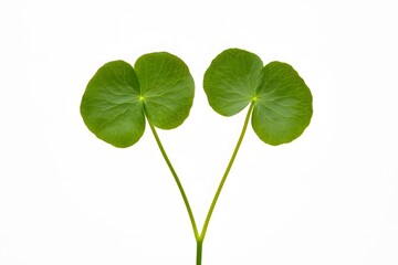 Two vibrant green leaves with long stems isolated against a clean white background.