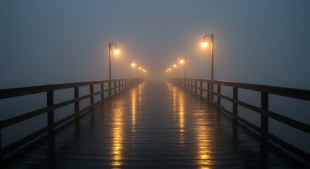 Fototapeta premium Pier in Fog with Streetlights