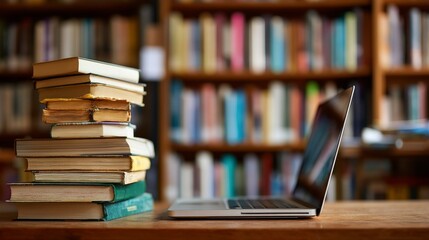 A library desk setup with books and a laptop represents the fusion of traditional education with modern technology and online learning