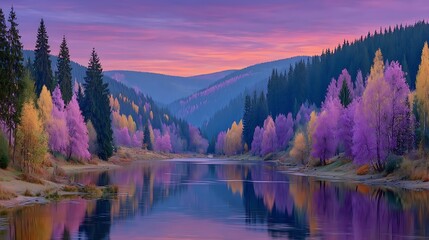 Fototapeta premium Serene Autumn River Colorful Trees Reflecting in Calm Waters at Dawn.