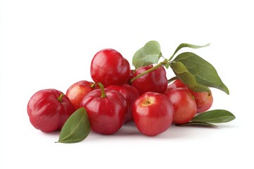 Obraz premium A pile of ripe acerola cherries with green leaves on a white background.