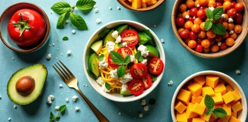 Overhead shot of diverse healthy meal prep bowls, copy space , lifestyle, copy space, nutritious