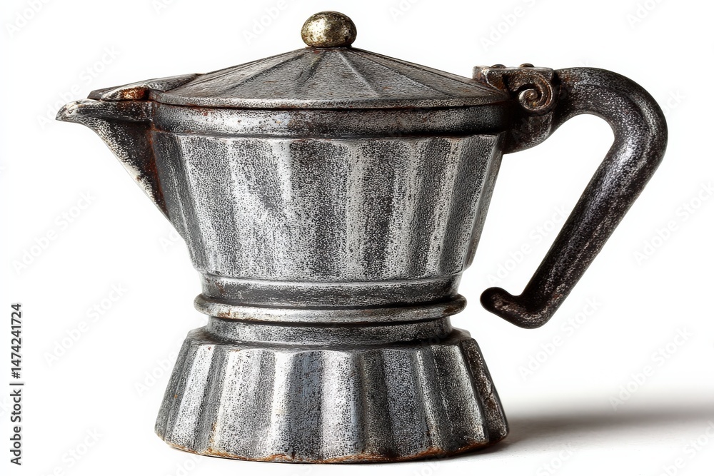 Poster vintage metal coffee maker with a unique design placed against a neutral background