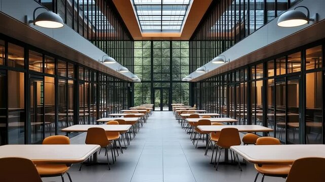 This contemporary dining area boasts sleek design with wooden tables and yellow chairs. Natural light floods in, creating an inviting atmosphere ideal for meals, work, or relaxation.