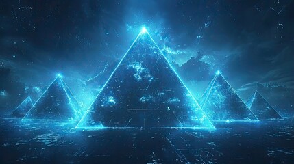 Abstract Futuristic Floating Illuminated Pyramids in Space Scene