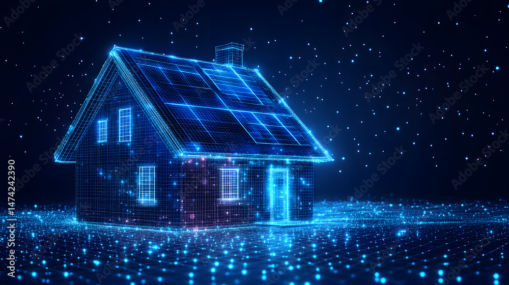 Poster futuristic house concept. a wireframe home illuminated in vibrant blue, highlighting solar panels an