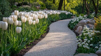 A winding gravel path lined with white tulips and other flowers in a lush green garden setting outdoors