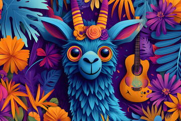 Naklejka premium Vibrant Blue Llama with Guitar in Tropical Floral Setting