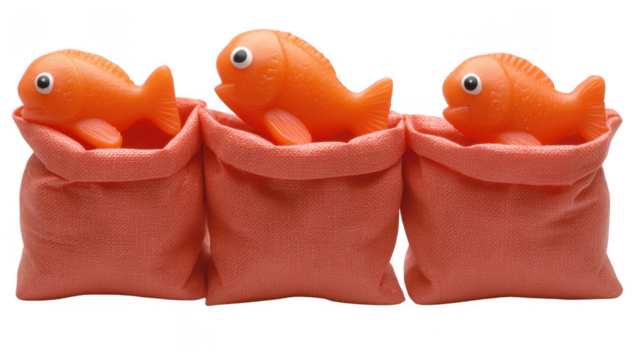 Three orange toy fish in miniature coral sacks, PNG transparent background