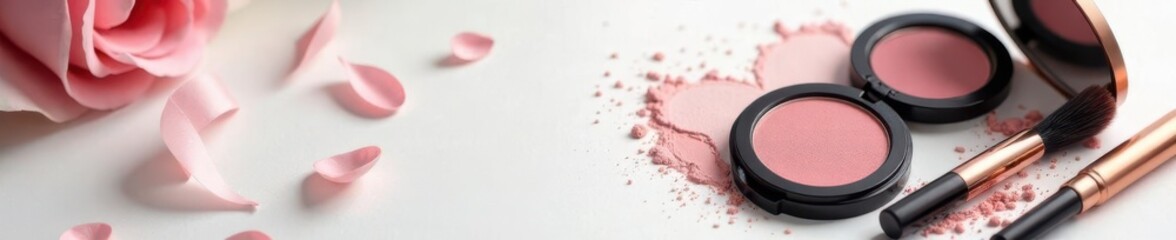 Elegant makeup collection on pristine white surface, photographic, cosmetics, glamour