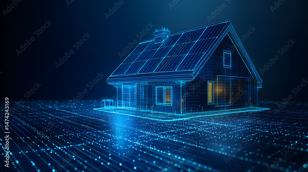 Poster Futuristic house design with integrated solar panels, displayed as a blue wireframe on a glowing circuit board. Energy-efficient home concept with illuminated windows. Abstract wireframe in dark blue.