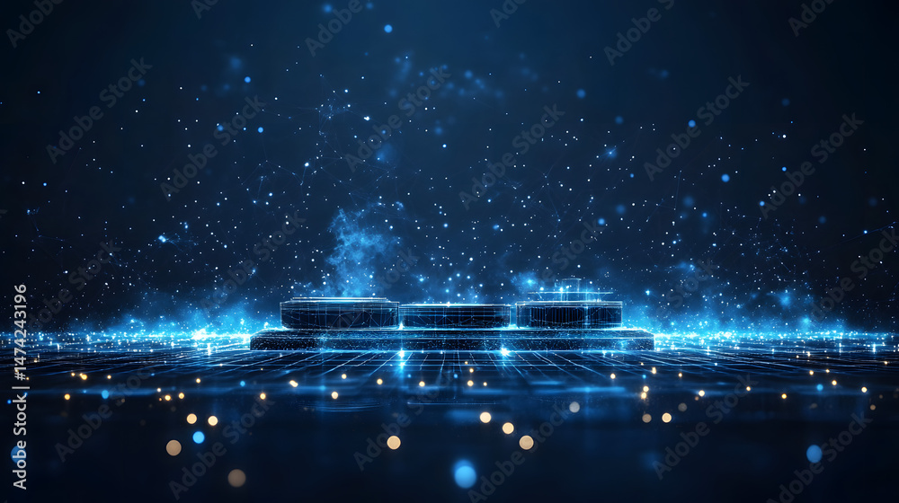 Aufkleber Futuristic platform illuminated by glowing lines and geometric patterns. Cylindrical shapes stand as stages against a backdrop of radiant dots, conveying innovation. Abstract wireframe in dark blue.