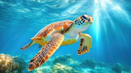 Sea turtle gracefully swimming underwater with sun rays filtering through the clear blue water scene