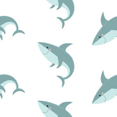Seamless pattern with cute smiling sharks. Vector.