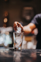 A bartender uses tongs to place ice cubes in a glass, preparing a drink. The foreground showcases a modern counter, with blurred lights in the background enhancing the bar's contemporary ambiance.