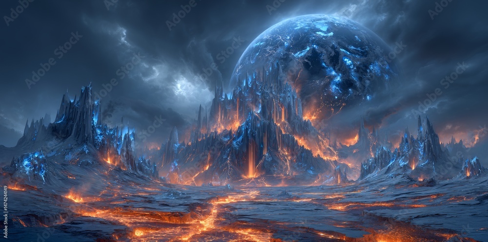 Wall mural an otherworldly landscape, set on the surface of an alien planet, creates a captivating science fict