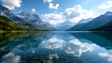 Mountain Lake Serenity: A tranquil mountain lake reflects the majestic peaks and fluffy clouds in a breathtaking panorama of pristine nature.