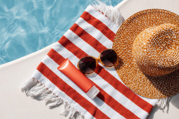 Relaxing summer afternoon by the pool with a sun hat, sunglasses, and sunscreen on a striped towel