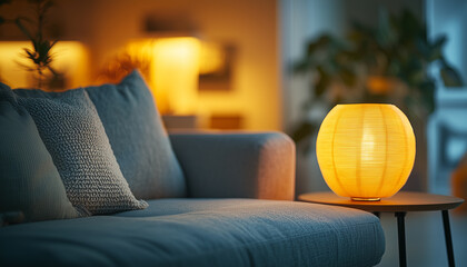 Close-up of glowing light globe on table in cozy indoor setting
