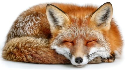 Fototapeta premium Sleeping Red Fox with Fluffy Tail, White Background, and Cute Animal.