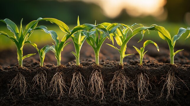 Young corn plants growing in soil, roots visible. Close-up of growth stages, showcasing agriculture, farming, and plant development in a field at sunset.