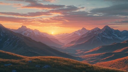 Obraz premium Panoramic mountain landscape at dawn or dusk, with a vibrant sky and mist rolling over snow-capped peaks