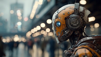 Futuristic droid in busy city environment