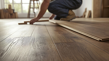 Man Installing Wooden Laminate Flooring in a Room