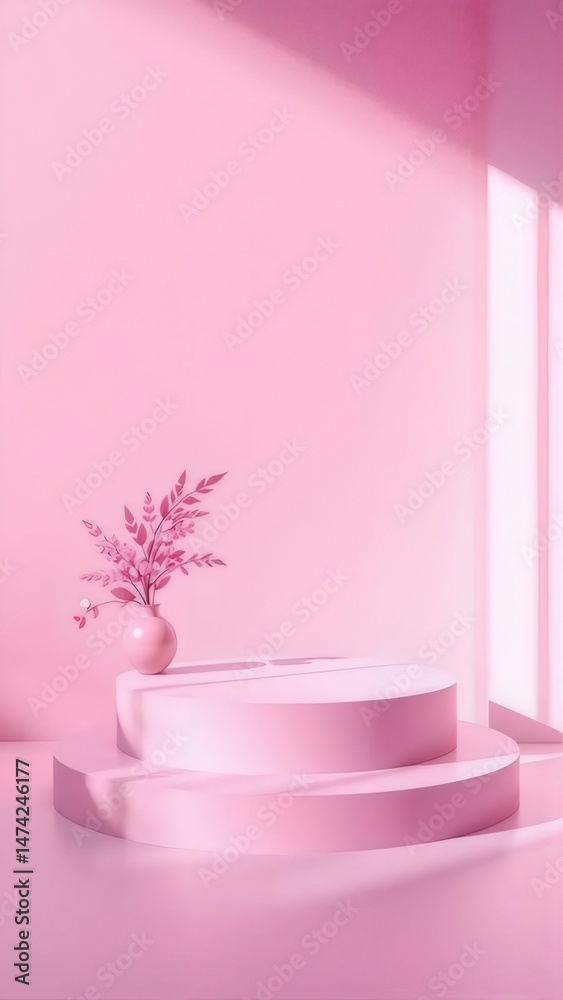 Aufkleber ピンク色の背景にピンク色の表彰台と花瓶に入った花 スタジオ撮影によるミニマリストデザイン