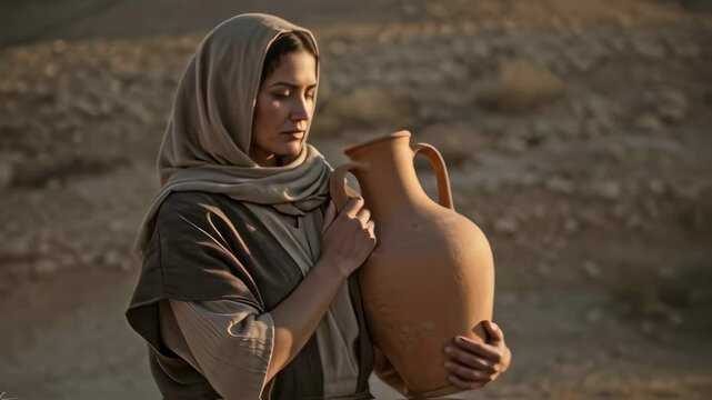 Woman Carrying a Water Jug in a Desert Landscape. Biblical Theme. Ancient Near East for Art Project, Museum Exhibition, Biblical Publications
