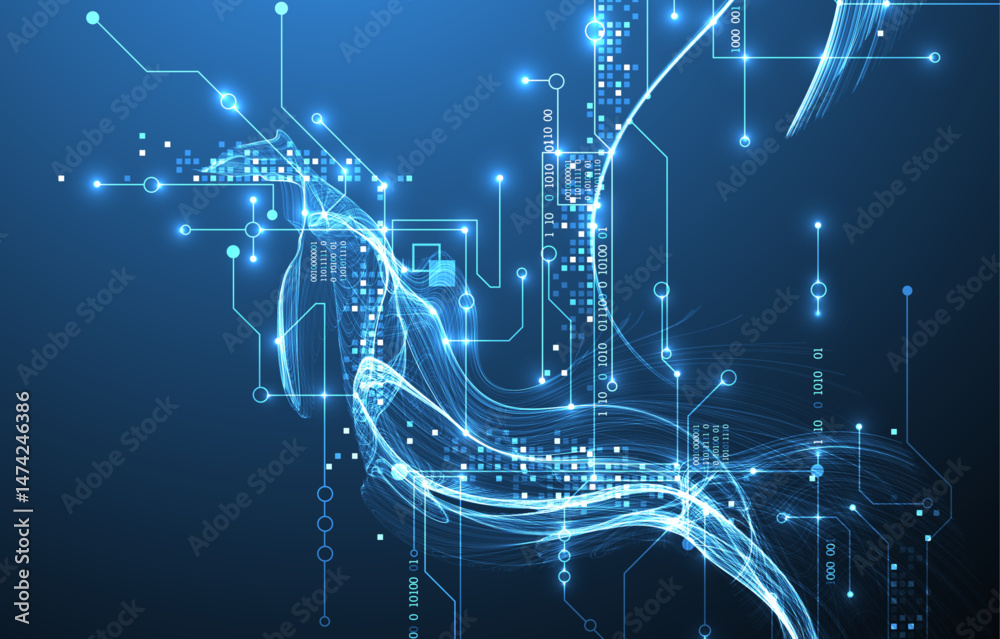 Fototapete abstract data wave with futuristic circuit lines. technology concept. vector