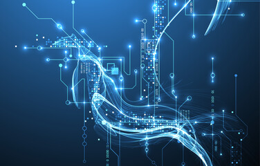 Obraz premium Abstract data wave with futuristic circuit lines. Technology concept. Vector