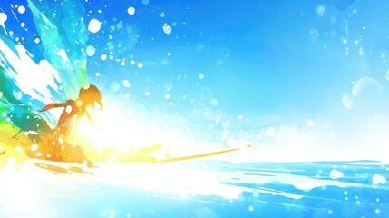 Surfer Riding Wave During Sunrise with Colorful Splashes and Bright Sunlight in Vibrant Blue Ocean Background