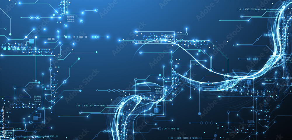 Fototapete Abstract data wave with futuristic circuit lines. Technology concept. Vector