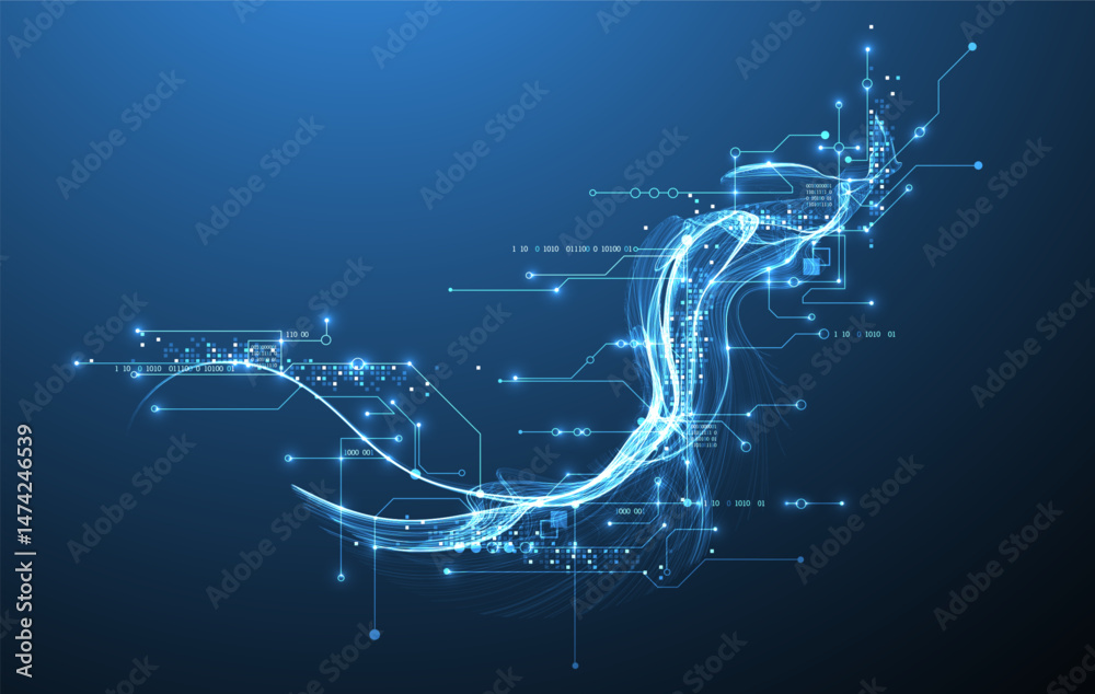 Poster Abstract data wave with futuristic circuit lines. Technology concept. Vector