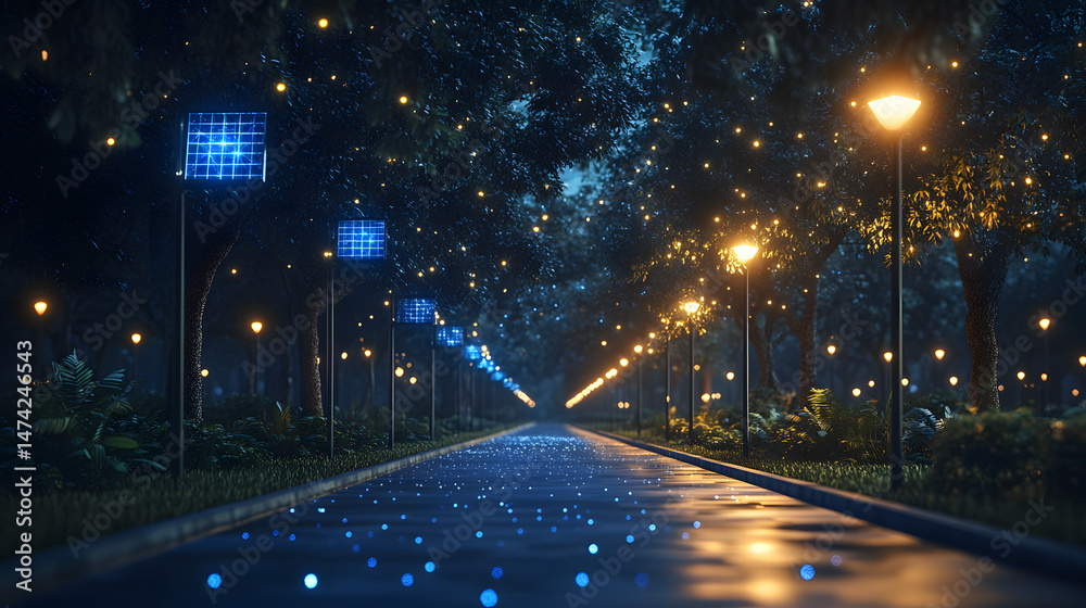 Aufkleber Night pathway illuminated by streetlights and solar lights creating a magical ambiance. Trees with lights add to the modern nighttime environment. Abstract wireframe in dark blue.