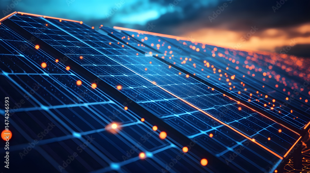 Aufkleber Futuristic solar panel array at dusk, enhanced with glowing grid lines and energy points. A visually striking image perfect for renewable energy concepts. Abstract wireframe in dark blue.