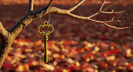 Antique key on branch with autumn leaves