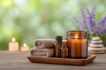 Herbal cosmetics in bottles, combined with natural organic oil, create the ideal setting for home spa and beauty rituals