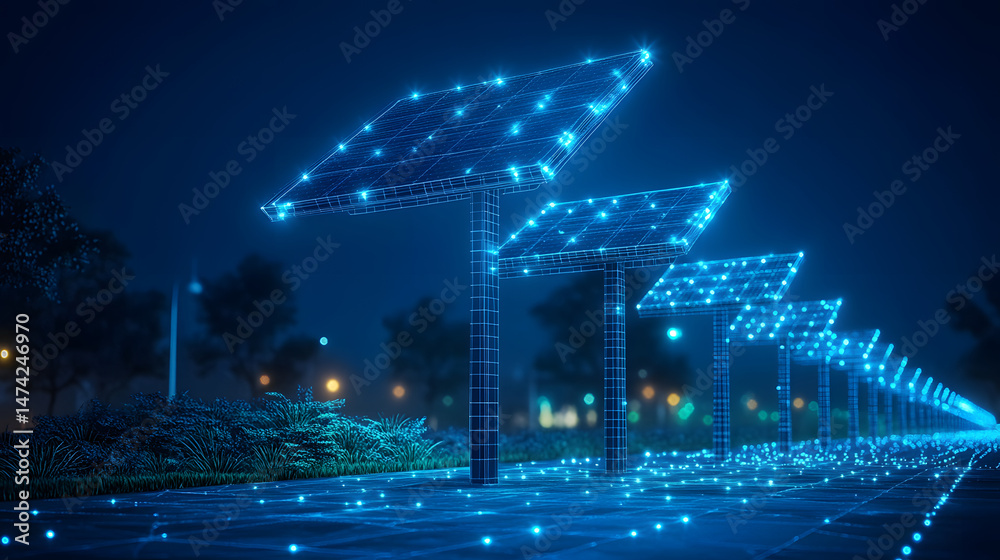 Poster futuristic solar panels illuminate the night with bright blue wireframe designs. energy flows across