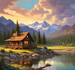 Fototapeta premium Illustration of wild landscape with cabin.