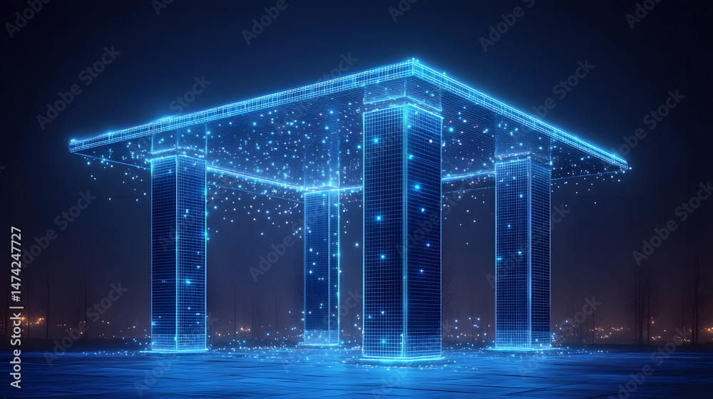 Poster futuristic blue grid structure, luminous and digital. flat top, supported by columns, reflects on th