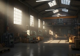 Industrial Warehouse Interior Machinery, Sunlight, Pallets, Boxes, Workshop, Factory, Manufacturing, Brick Walls, Production Line, Heavy Equipment.