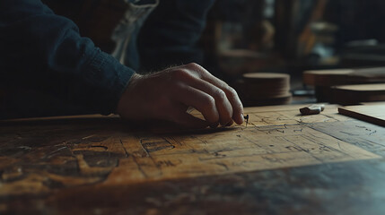 Craftsman Carving Symbols on Wooden Surface