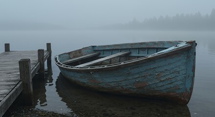 Old Boat on Lake in Fog