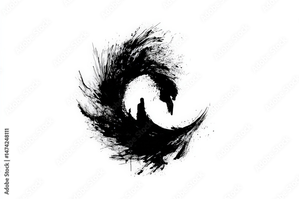 Poster swirling black ink creates an abstract design resembling a spiral with dynamic brush strokes