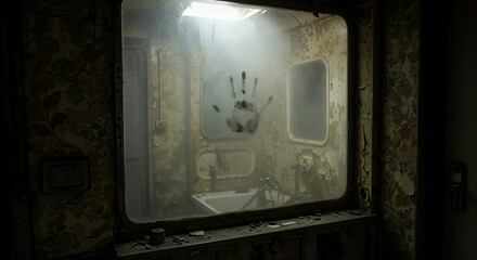 Handprint on Foggy Glass in Abandoned Room