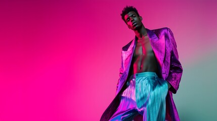 Fototapeta premium A stylish male model in a futuristic metallic outfit poses confidently against a bold pink gradient background, exuding elegance, fashion, and modern aesthetics. Generative AI.