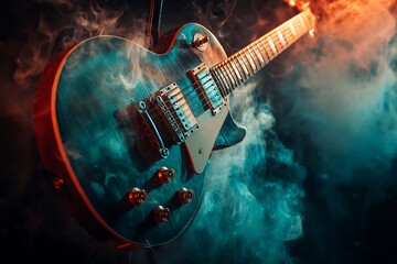 Obraz premium Electric guitar enveloped in vibrant mystical smoke, dynamic musical expression